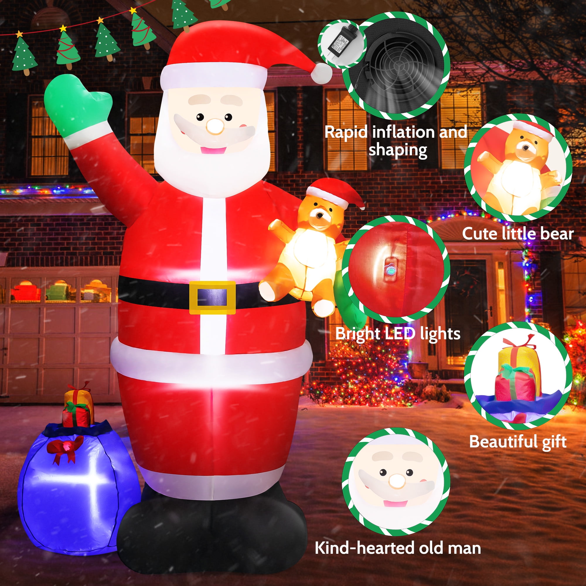 7ft Christmas Inflatable Santa Claus Outdoor Decor with Gift Bag and Bear Large Blow Up Santa with LED Lights for Yard,Garden,Lawn