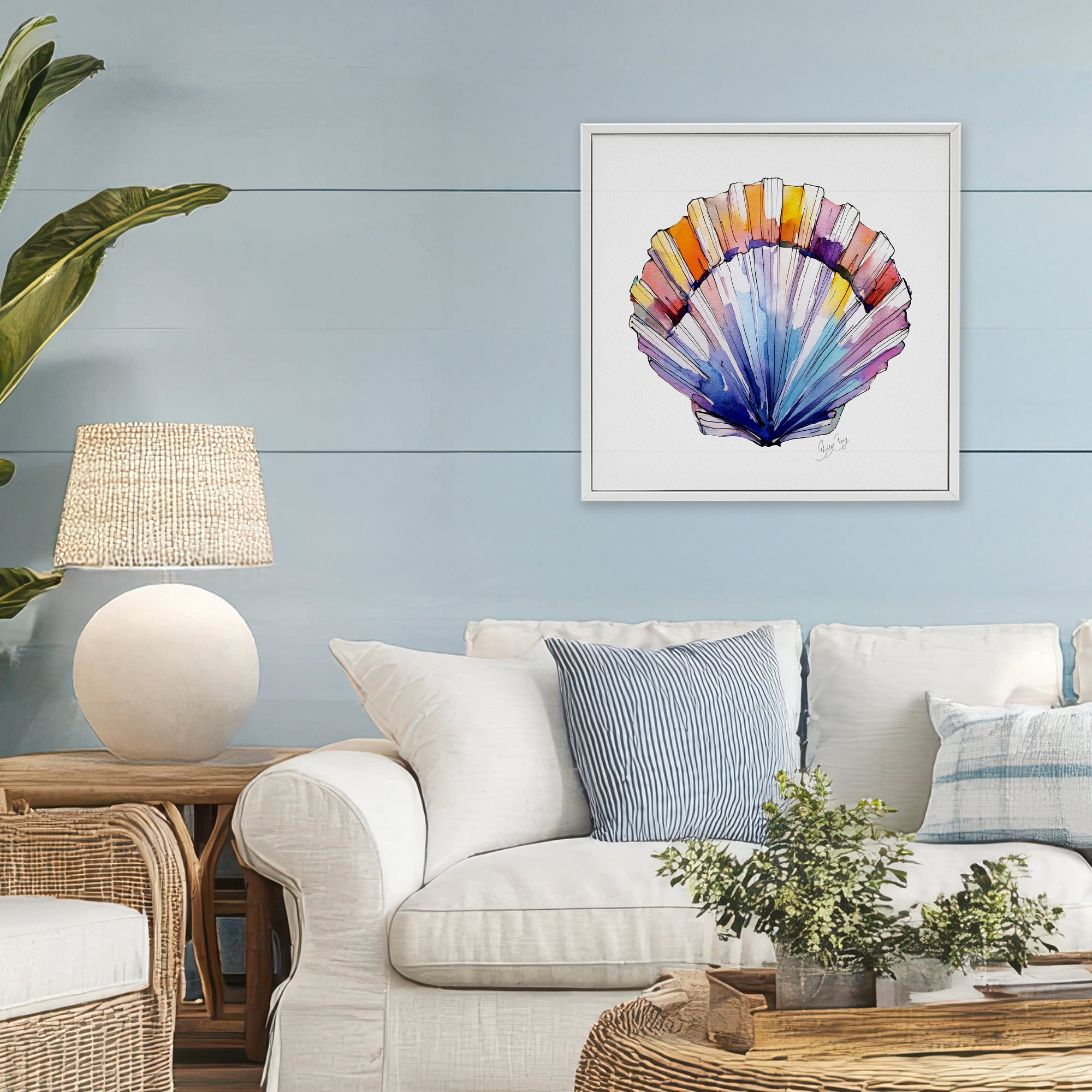 Stupell Industries Coastal Scallop Watercolor White Framed Giclee Art, design by Shelly Craig