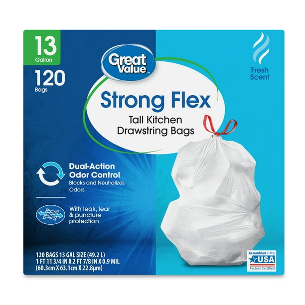 Great Value Strong Flex 13Gallon Drawstring Tall Kitchen Trash Bags