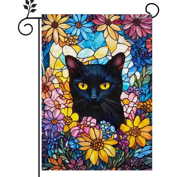 Stained Glass Black Cat Garden Flag 12 x 18 Inch Double Sided, Floral Spring Summer Yard Flag for Outdoor Porch Lawn Patio Garden Decor