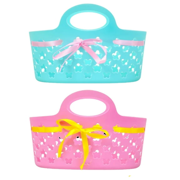 Easter Ribbon Oval Plastic Baskets with Handle for Home Kitchen Spring Holiday Party Favor Treats Candy Fruit Holder Egg Hunt Storage Container Table Decoration Gift Supplies, 2 count (Colors Vary)