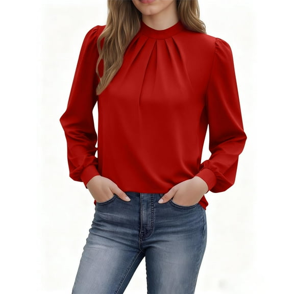Womens Fall Clothes, Blouses for Women Dressy Casual Loose Fit Solid Color Ruched Crewneck Long Sleeve Shirts