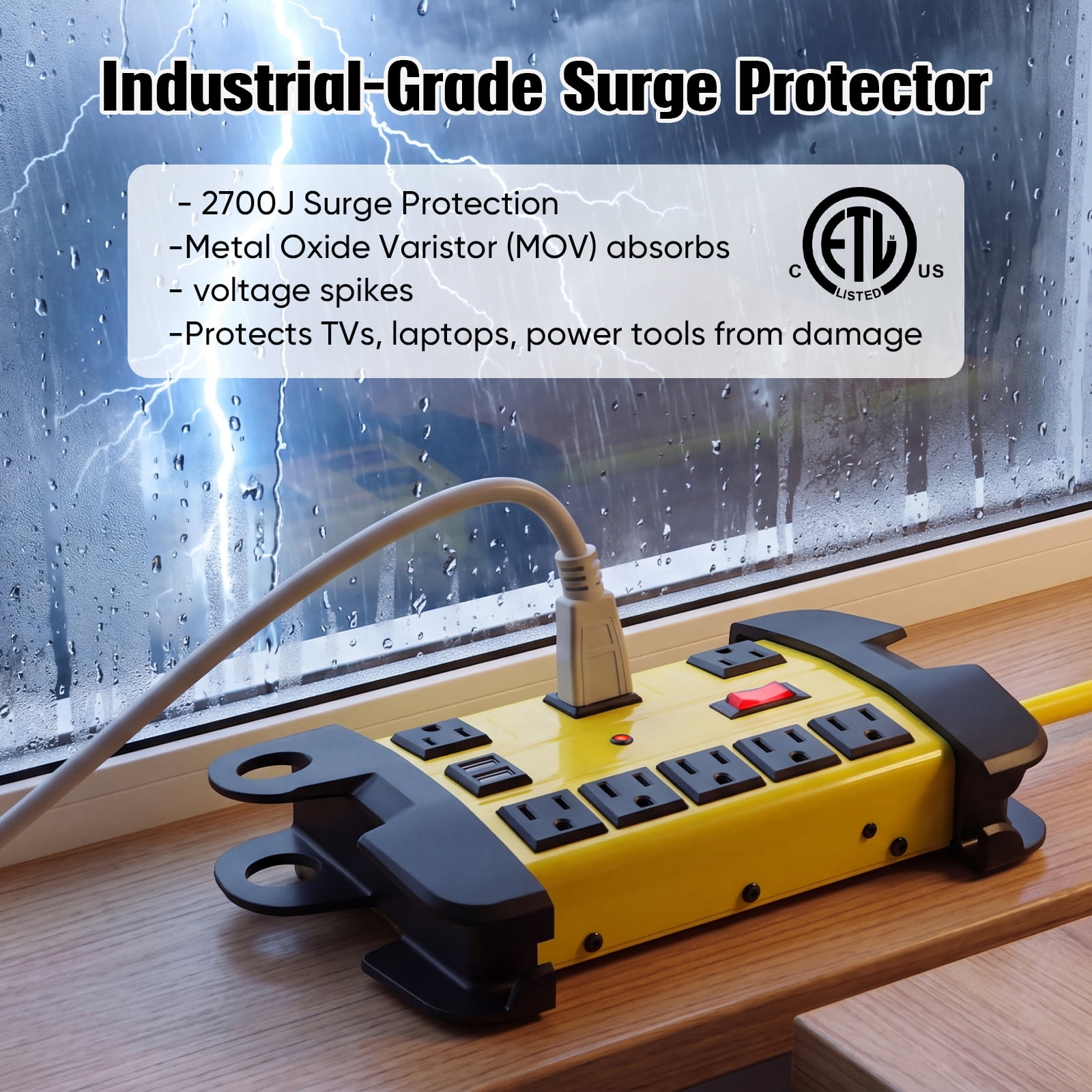 VILONG Heavy Duty Power Strip Surge Protector, 8 Outlets & 2 USB Ports Charging Station– 2700J Surge Protection, 15A Circuit Breaker, Wall Mount for Workshop, Garage