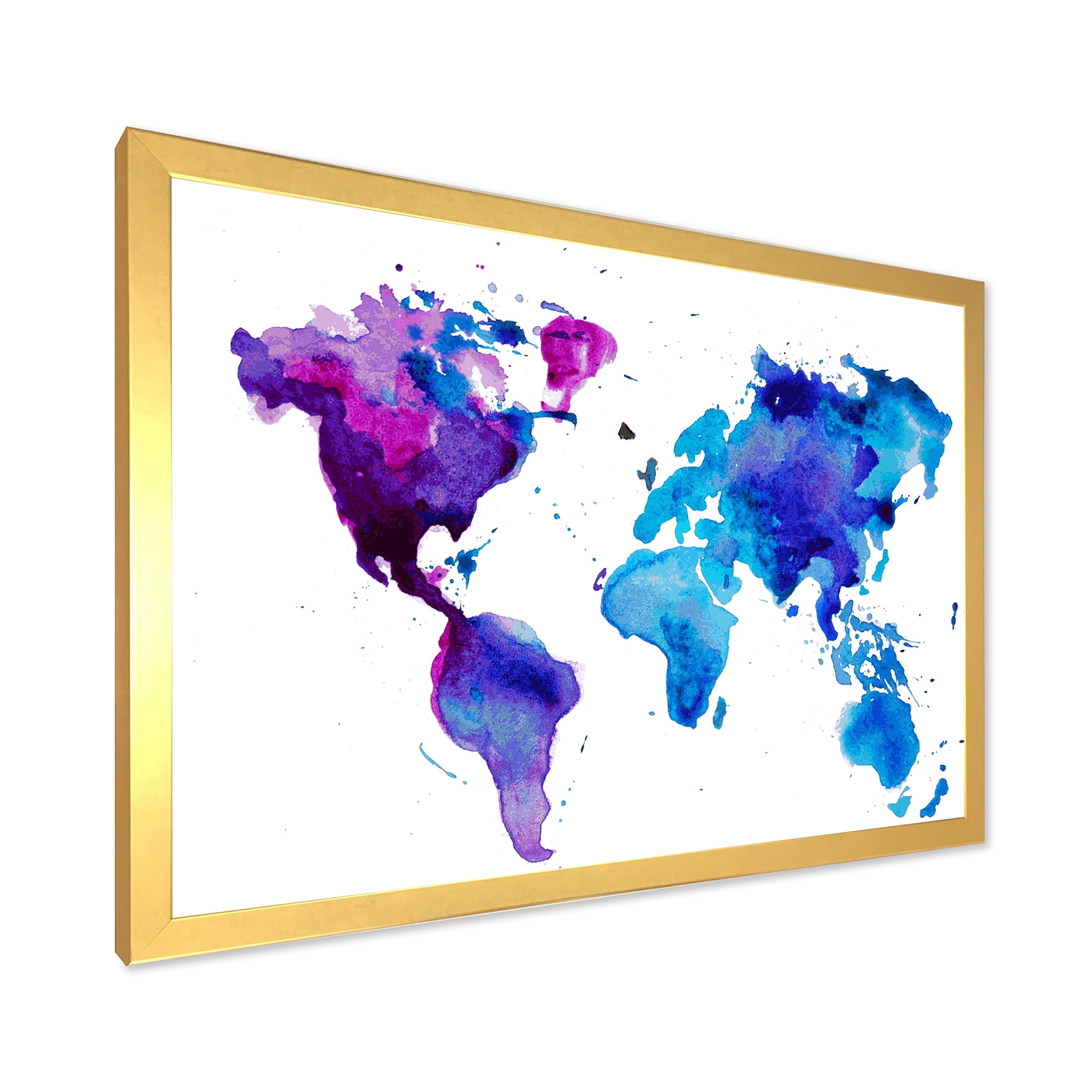 Designart 'Blue and Purple Map Of The World' Modern Framed Art Print