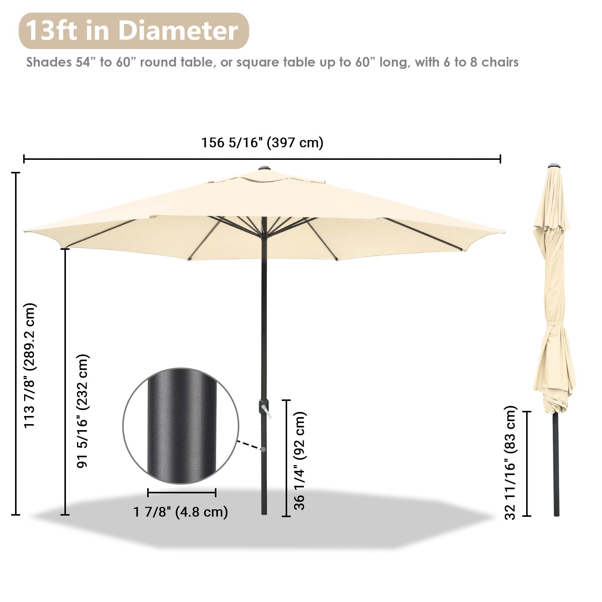 Yescom 13FT Aluminum Patio Umbrella 8-Rib Heavy Duty Table Parasol Crank Outdoor Garden Deck Beach Furniture