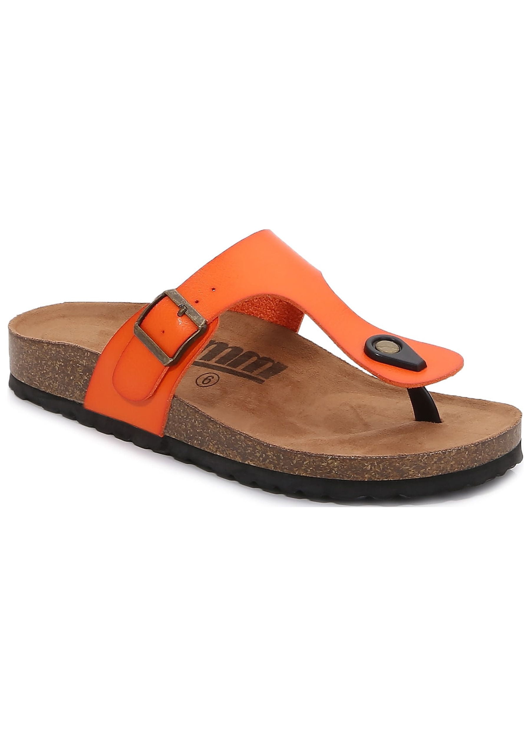 Women Soft Cork Footbed PU Leather Hook and Loop T Strap Flip Flops (Premium PU Orange / 8 )