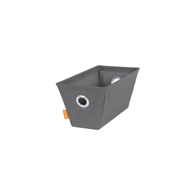 Gray rectangular low profile storage bin with wire frame and metal grommet handles, designed for neat organization.