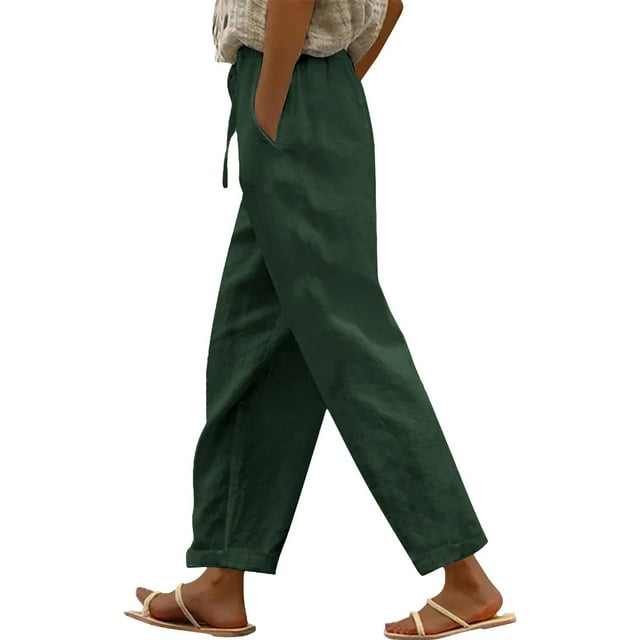 Pantalones casuales de lino para mujer: cintura alta con bolsillos laterales, pantalones largos para primavera/verano