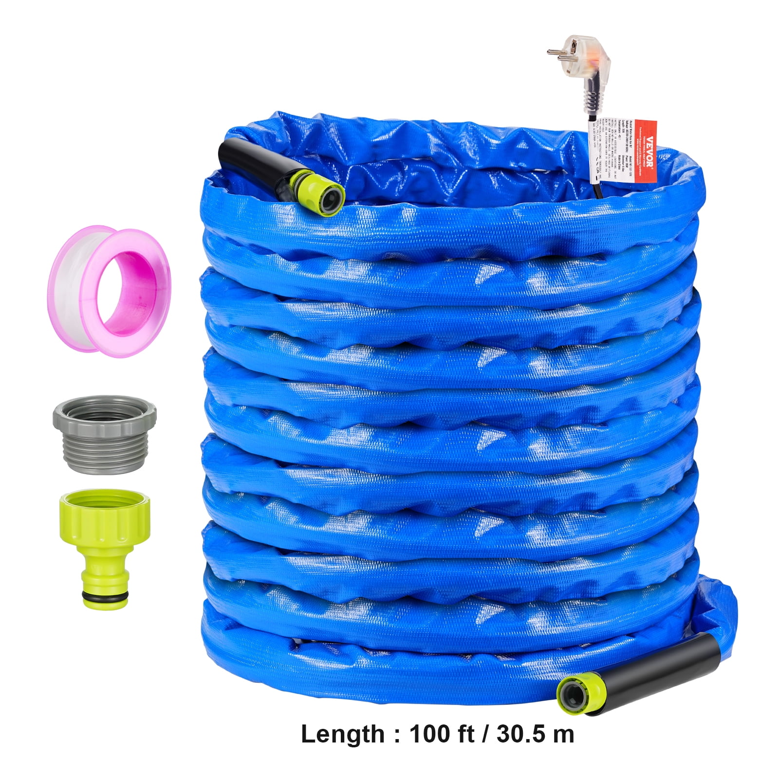 VEVOR 100ft Heated Water Hose for RV, Heated Drinking Water Hose with Corrugated Cover Antifreeze to -45°F, Automatic Self-regulating, 5/8" I.D. with 3/4" GHT Adapter, Lead and BPA Free