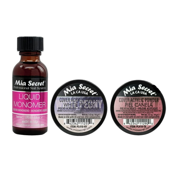 Mia Secret - Liquid Monomer 1oz   (Cover Acrylic Powder White Peony   Cover Acrylic Powder Piel Canela) 0.5 oz - COMBO