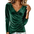 thumbnail image 2 of Xdegoge Women's Long Sleeve Velvet Blouse Deep V Neck Wrap Tops Pleated Slim Fit Shirts Dressy Casual Fall Winter Tunic, 2 of 9