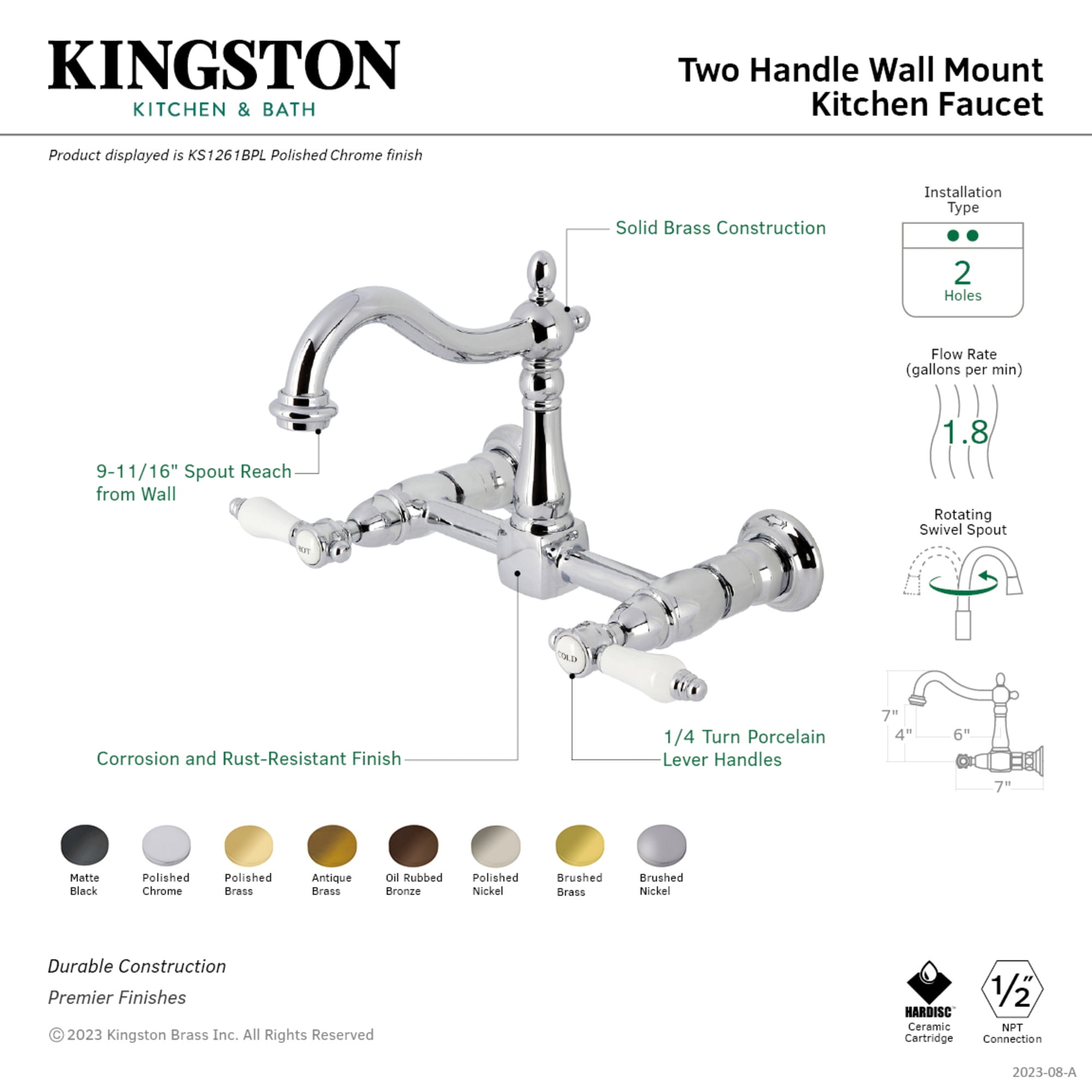 Kingston Brass KS1262BPL Bel-Air Double-Handle Wall-Mount Bridge Kitchen Faucet, Polished Brass