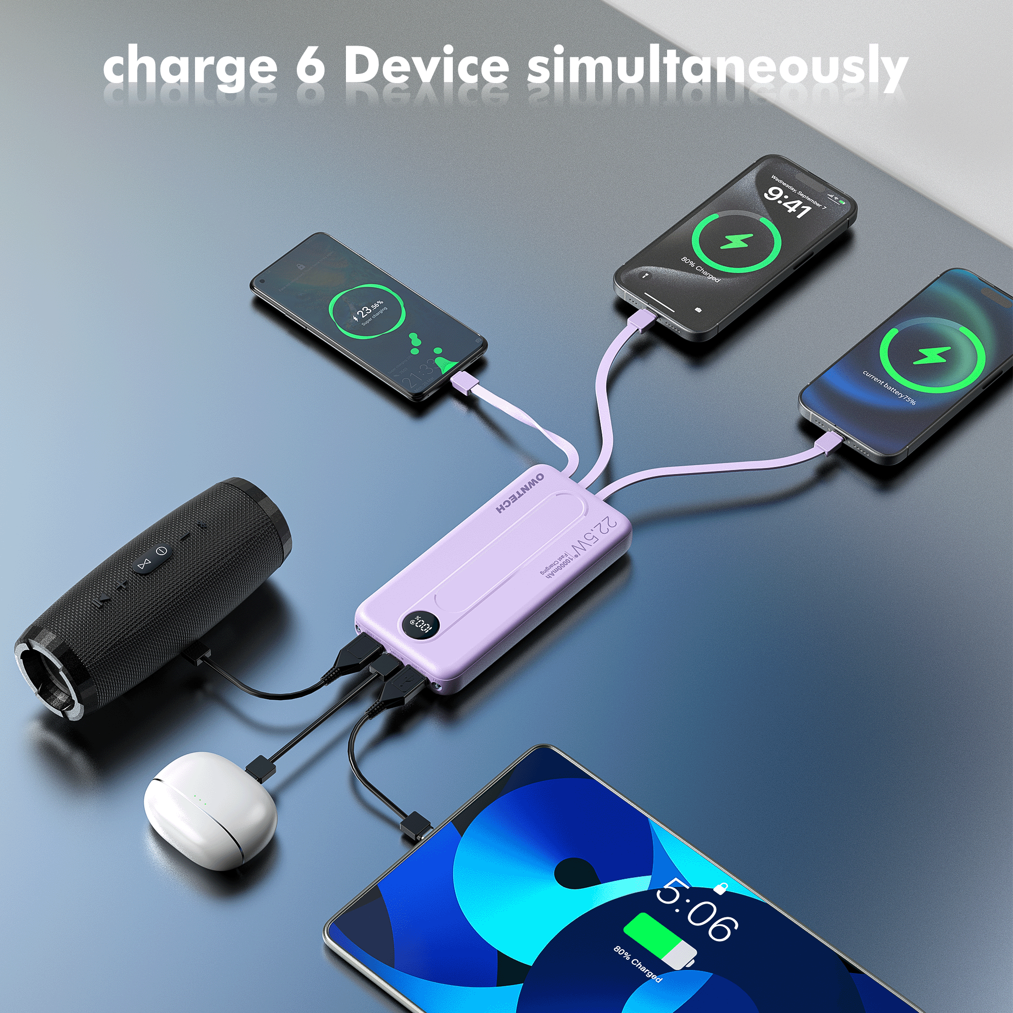 OWNTECH 10000mAh Power Bank, Built-in Cables, 22.5W, Purple photo 2