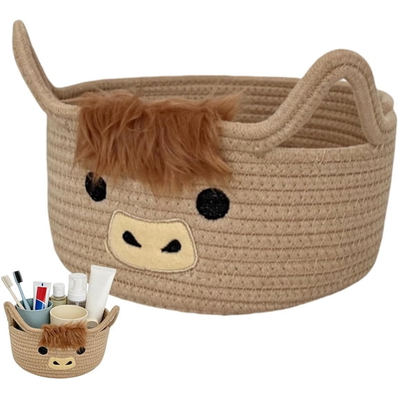 Cow Storage Organizer – Cotton Rope Woven Basket, Animal Shape Bin, Ear Handle Feature | Multipurpose Toy Blanket Holder for Nursery Bathroom Decoration Use