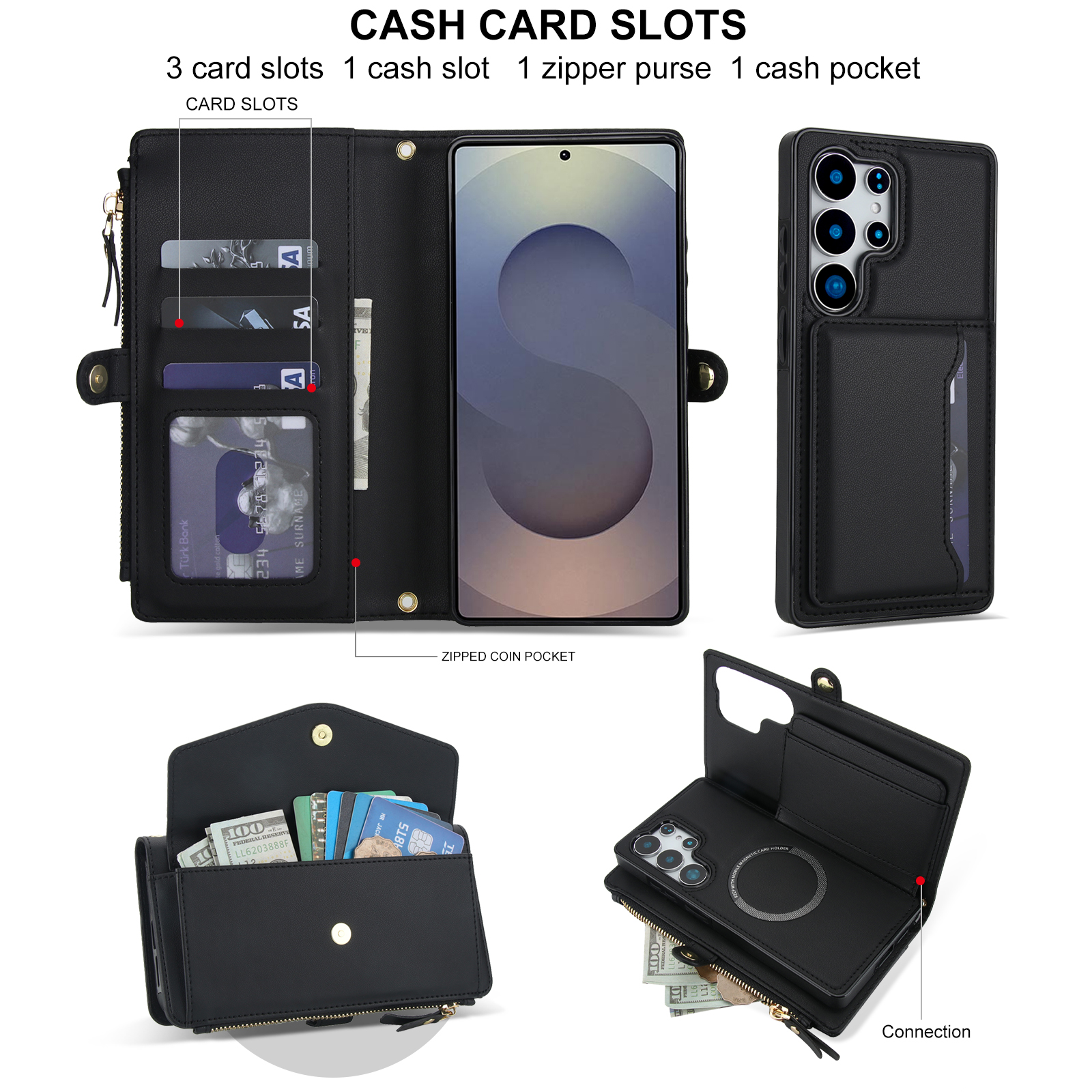 Designed for Samsung Galaxy S24 FE Multi-Function Wallet Phone Case,With Shoulder Strap&Wrist Strap,Cash Pocket&Card Slots,Zipper Purse,Magnetic Detachable PU Leather Flip Phone Case,Black
