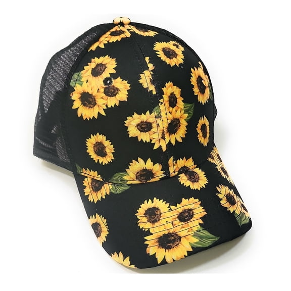 Adjustable Sunflower Mesh Hat Flower Vented Womens Baseball Cap Black Yellow