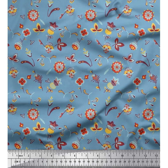 Soimoi Moss Georgette Fabric Leaves & Floral Artistic Printed Fabric 1 Yard 42 Inch Wide