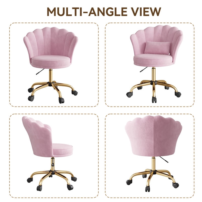 Hawsaiy Shell Back Home Office Chair with Lumbar Pillow, Modern Upholstered Desk Chair with Gold Metal Base, Swivel Adjustable Computer Chair for Home Office, Pink