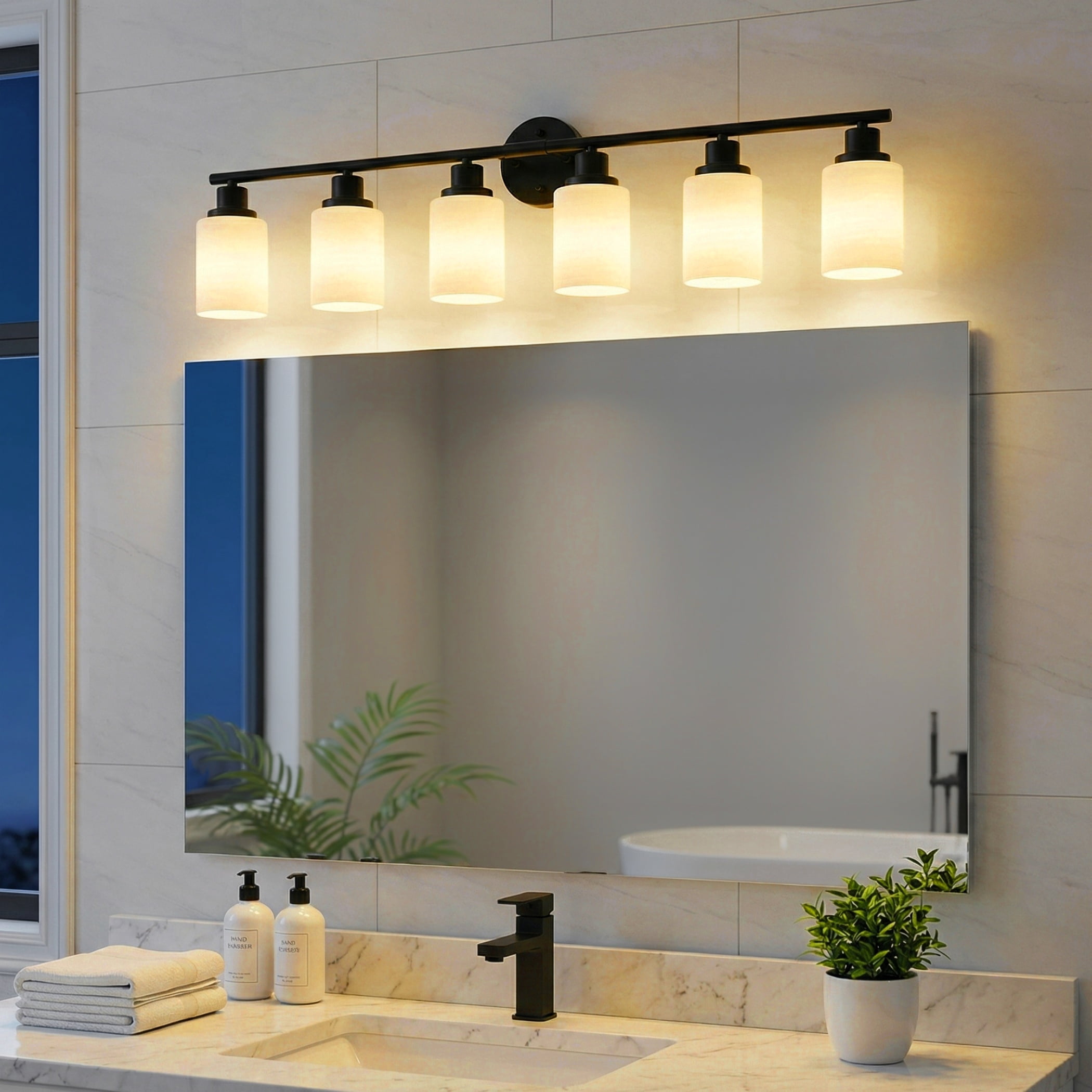 39" Modern Black Vanity Light, 6-Light Bathroom Wall Sconce with Frosted Glass Shades, Wall Mount Lighting for Mirror or Hallway (No Bulbs)