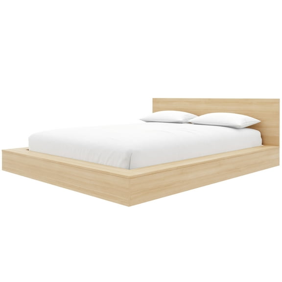 Nexera Kanso King Low Profile Wood Platform Bed with Headboard, Natural Blonde Oak