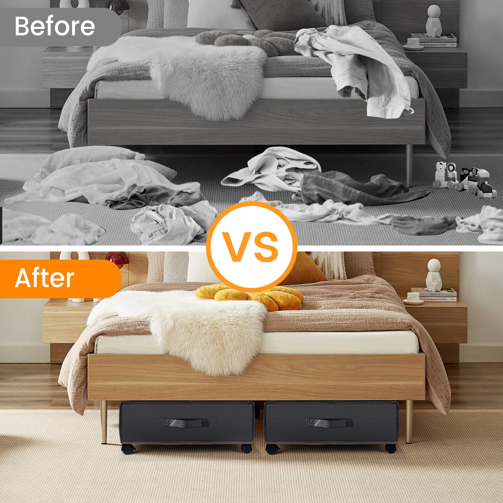 Under Bed Storage with Wheels, 2 Pack Under Bed Storage Containers with Clear Lids & Dividers, Underbed Storage Organizer & Underbed Storage with Wheels for Clothes, Blankets, Shoes
