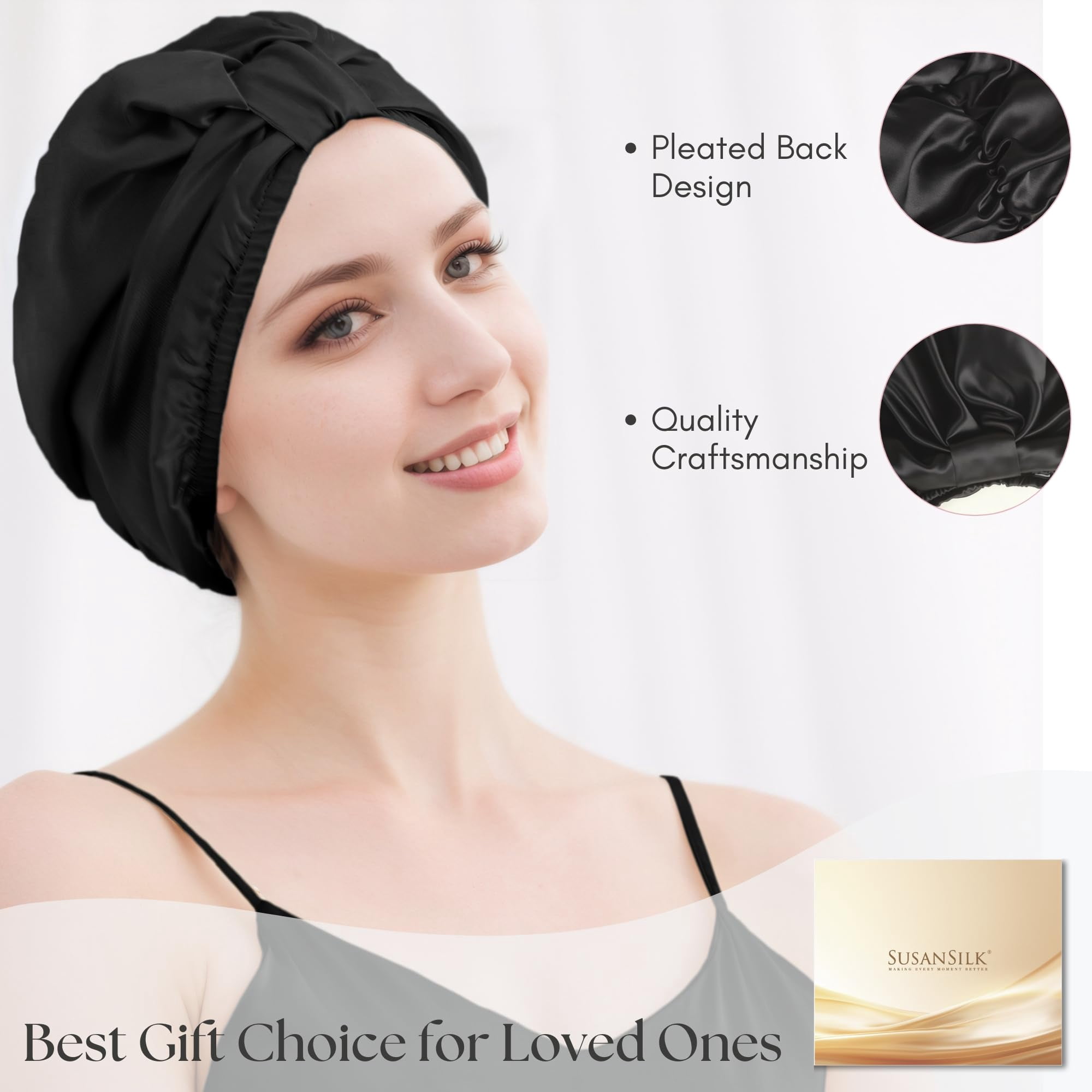 SusanSilk Premium 19 Momme Mulberry Silk Bonnet for Sleep and Shower