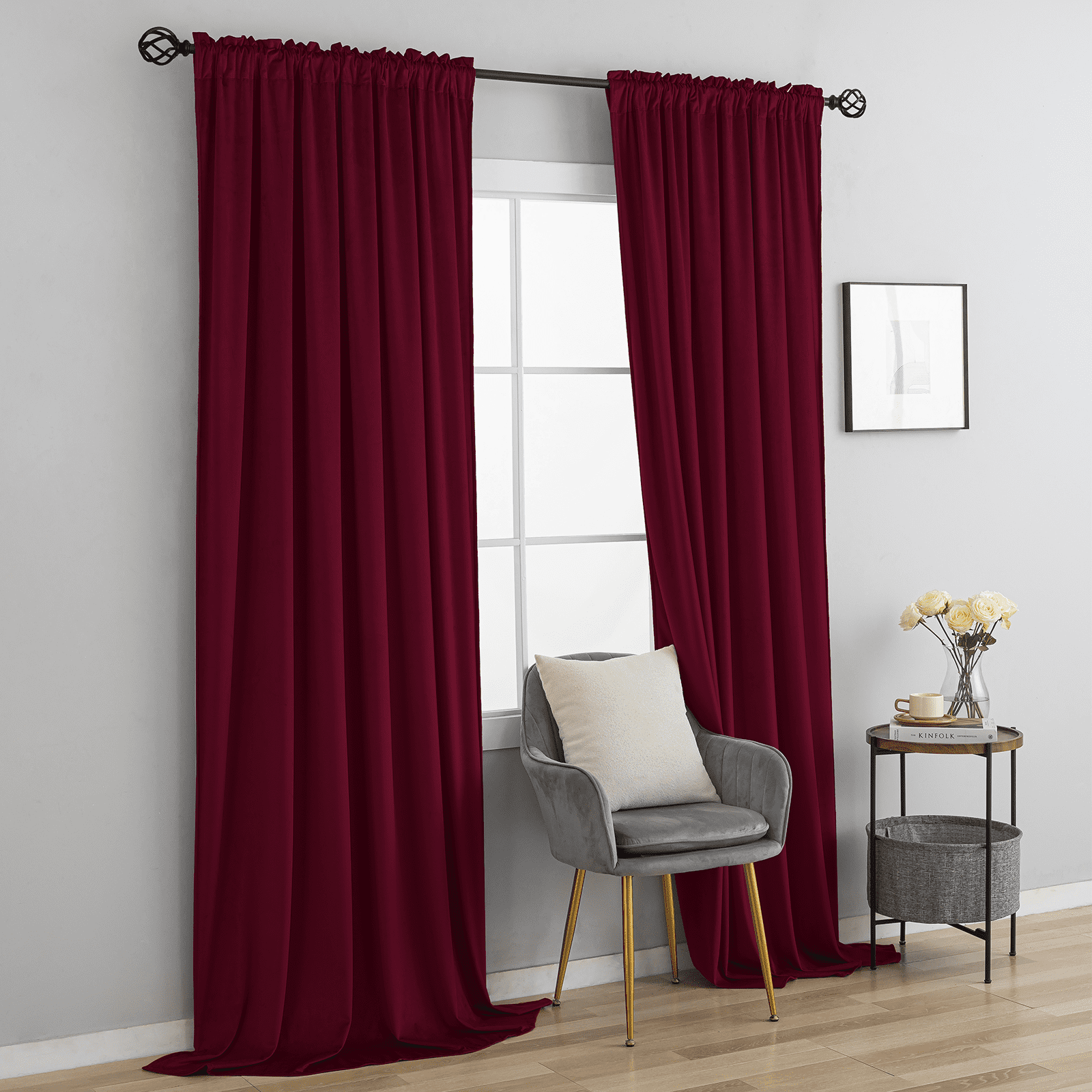 Yakamok Velvet Curtains 96 inches 2 Panels - Luxury Room Darkening Wine Red Curtains for Bedroom Living Room Thermal Insulated Super Soft Window Drapes Rod Pocket, W52 x L96 inches