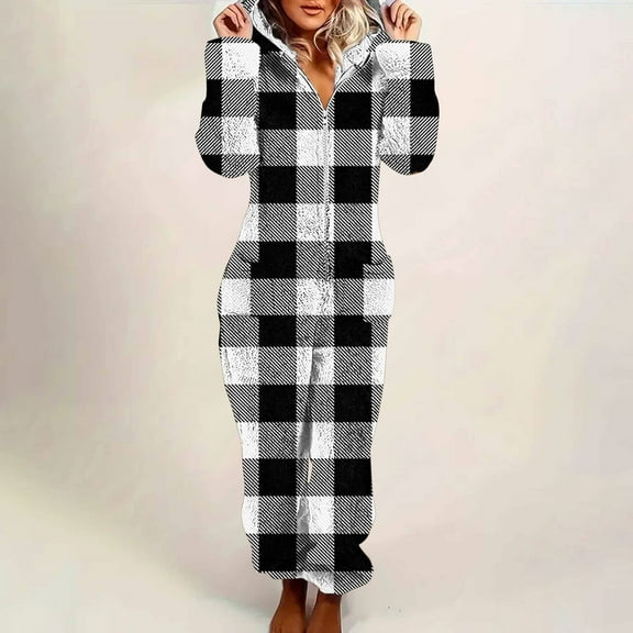 Cute Adult Onesies for Women Pajamas New Women Solid Color Long Sleeve Hooded Jumpsuit Pajamas Casual Winter Warm Romper Sleepwear Style B-30 Black L