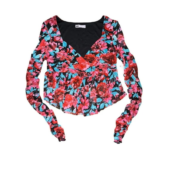 So Junior Women's V-Cropped Floral Top with Ruched Sleeves (Medium)
