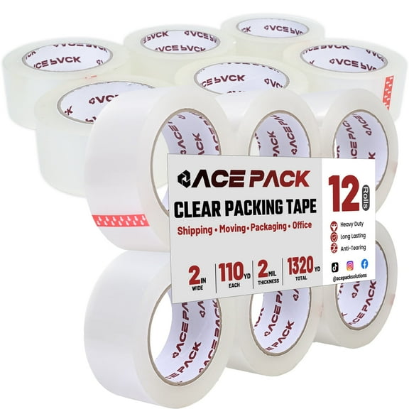 Ace Pack 2" Wide x 110 Yards Per Roll, 2.0 Mil Thick Heavy Duty Clear Packing Tape Sealing Tape Shipping Tape 12 Rolls