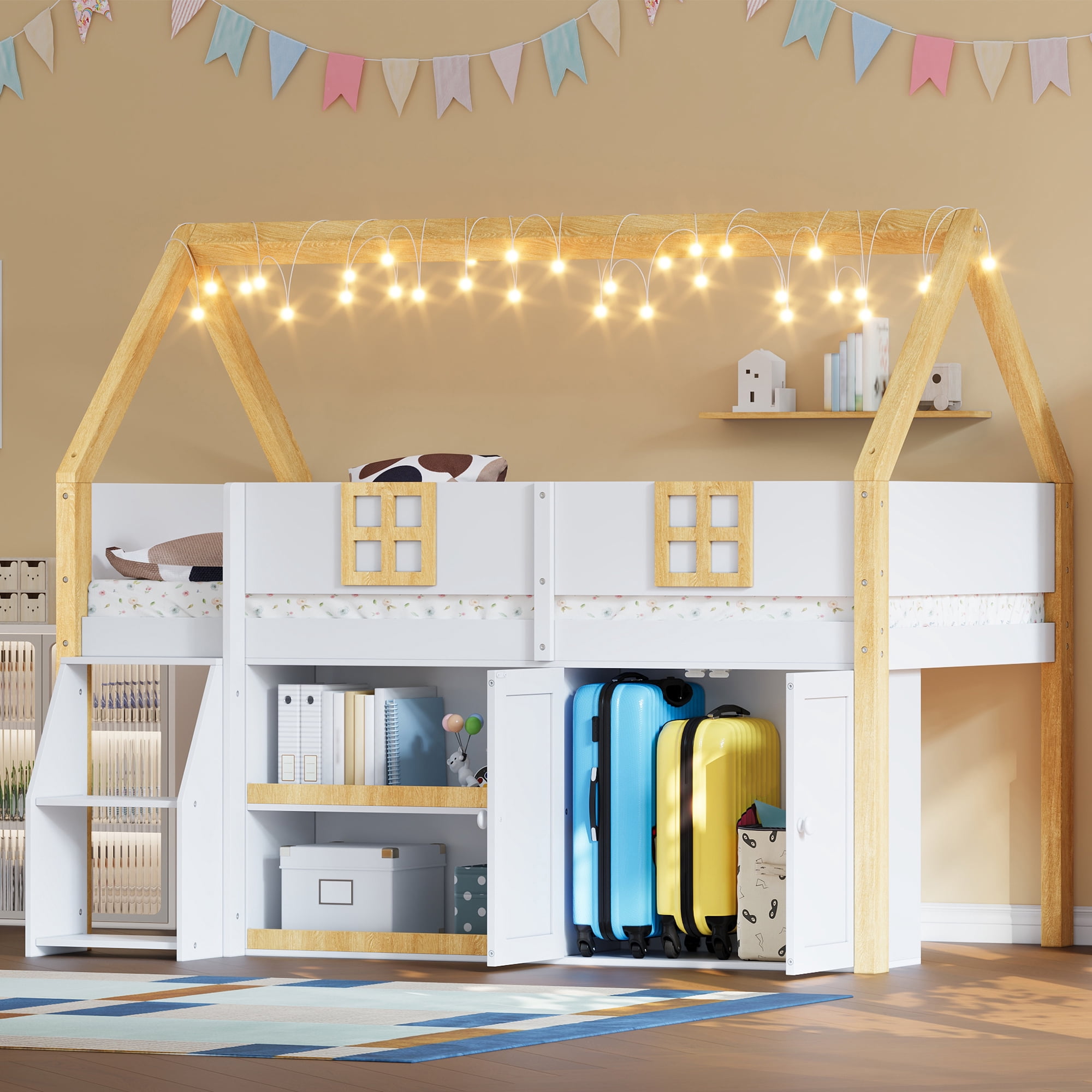 Euroco Wood Twin Size Loft Bed with LED Light and Storage Shelves, House Bed with Cabinets, White