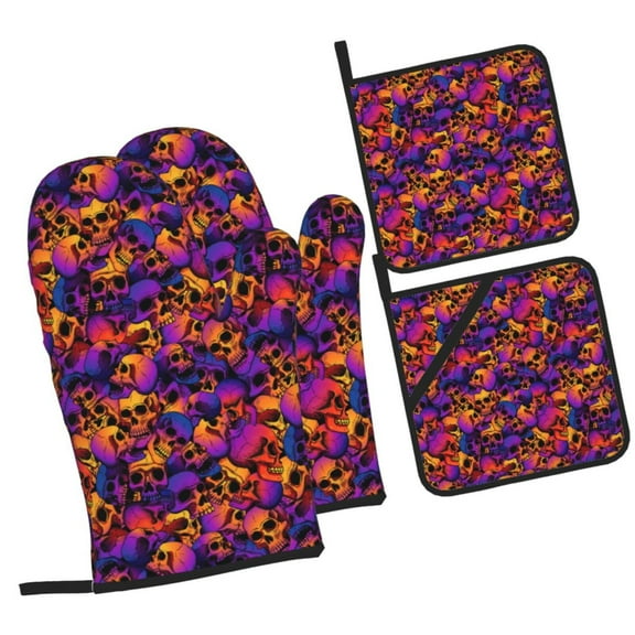 Balery Skull Pattern Oven Mitts and Pot Holders 4 pcs Set, Kitchen Oven Glove High Heat Resistant 500℉ Oven Mitts with Non-Slip Silicone Surface