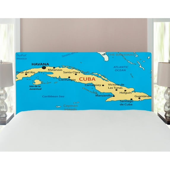 Wanderlust Headboard, Republic of Cuba Modern Geographical Island Atlantic Ocean Illustration, Upholstered Decorative Metal Bed Headboard with Memory Foam, Full Size, Blue White Yellow, by Ambesonne