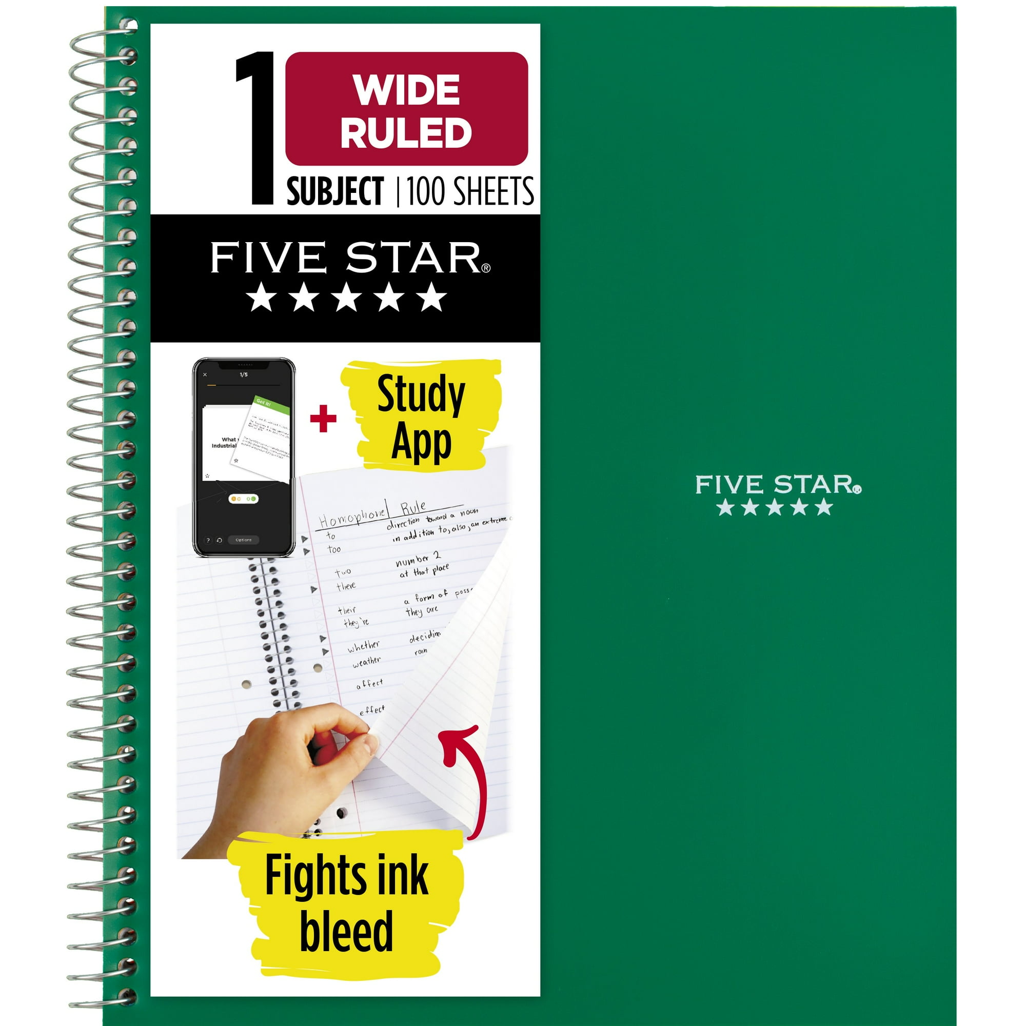 Five Star Wirebound Notebook, 1 Subject, Wide Ruled, Forest Green (930010CE1-WMT)