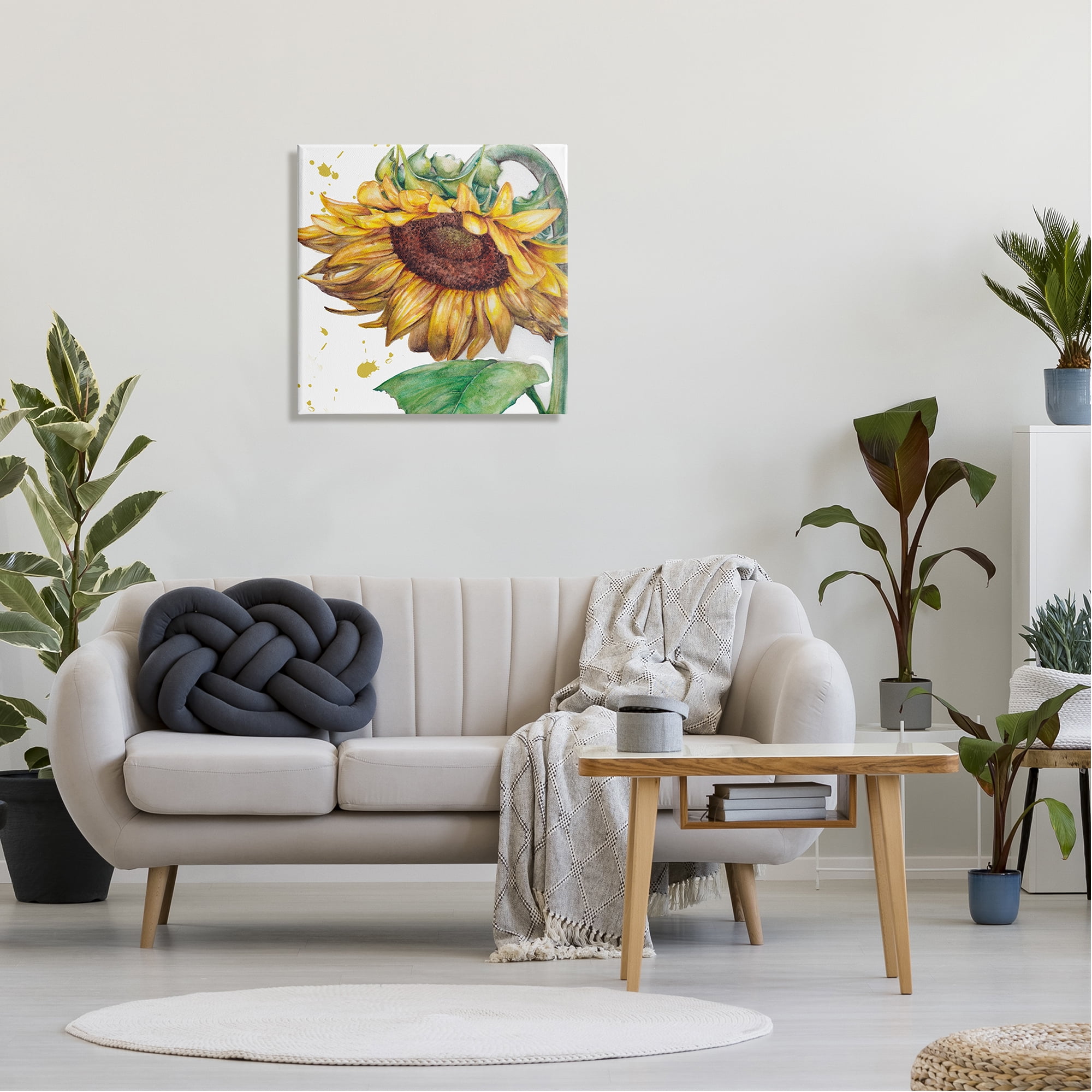 Stupell Industries Sunflower with Paint Splatter Botanical & Floral Painting Gallery Wrapped Canvas Art Print Wall Art, 24 x 24