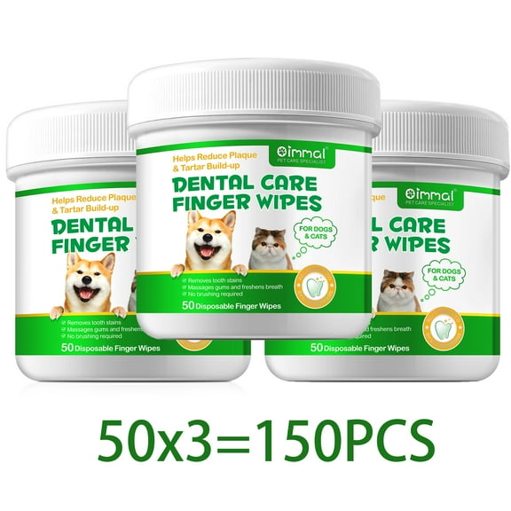 (150 Counts)Oimmal Teeth Cleaning Wipes for Dogs & Cats - Remove Bad Breath by Removing Plaque and Tartar Buildup No-Rinse Dog Finger Toothbrush, Disposable Gentle Cleaning & Gum Care Pet Wipes