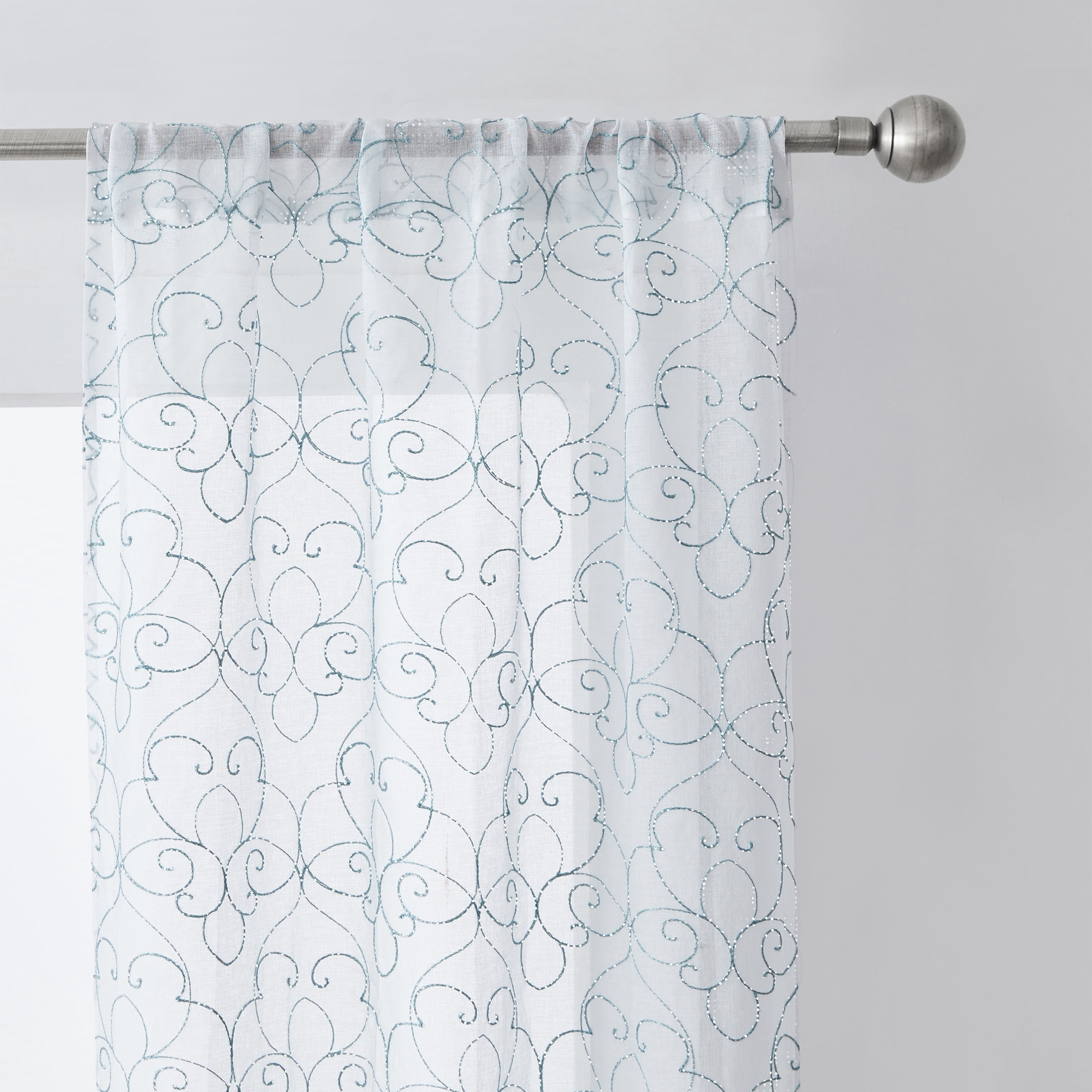(2 pack) Mainstays Modern Scroll Rod Pocket Sheer Curtains, Set of 4, Aqua, 28" W x 54" L