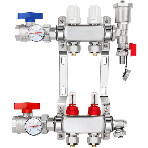 2-Loop Radiant Floor Heating Manifold:PEX Tubing Radiant Heat Manifolds with 304 Stainless Steel for 1/2" PEX