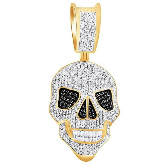 AFFY 1 Cttw Round Black & White Natural Diamond Iced Out Hip Hop Jewelry Skull Pendant In 10k Solid Yellow Gold