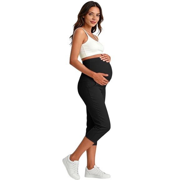 QSAWXQZ Women's Maternity Capri Pants over Belly High Waist Slim Leg Stretch Cropped Pants with Pockets XL