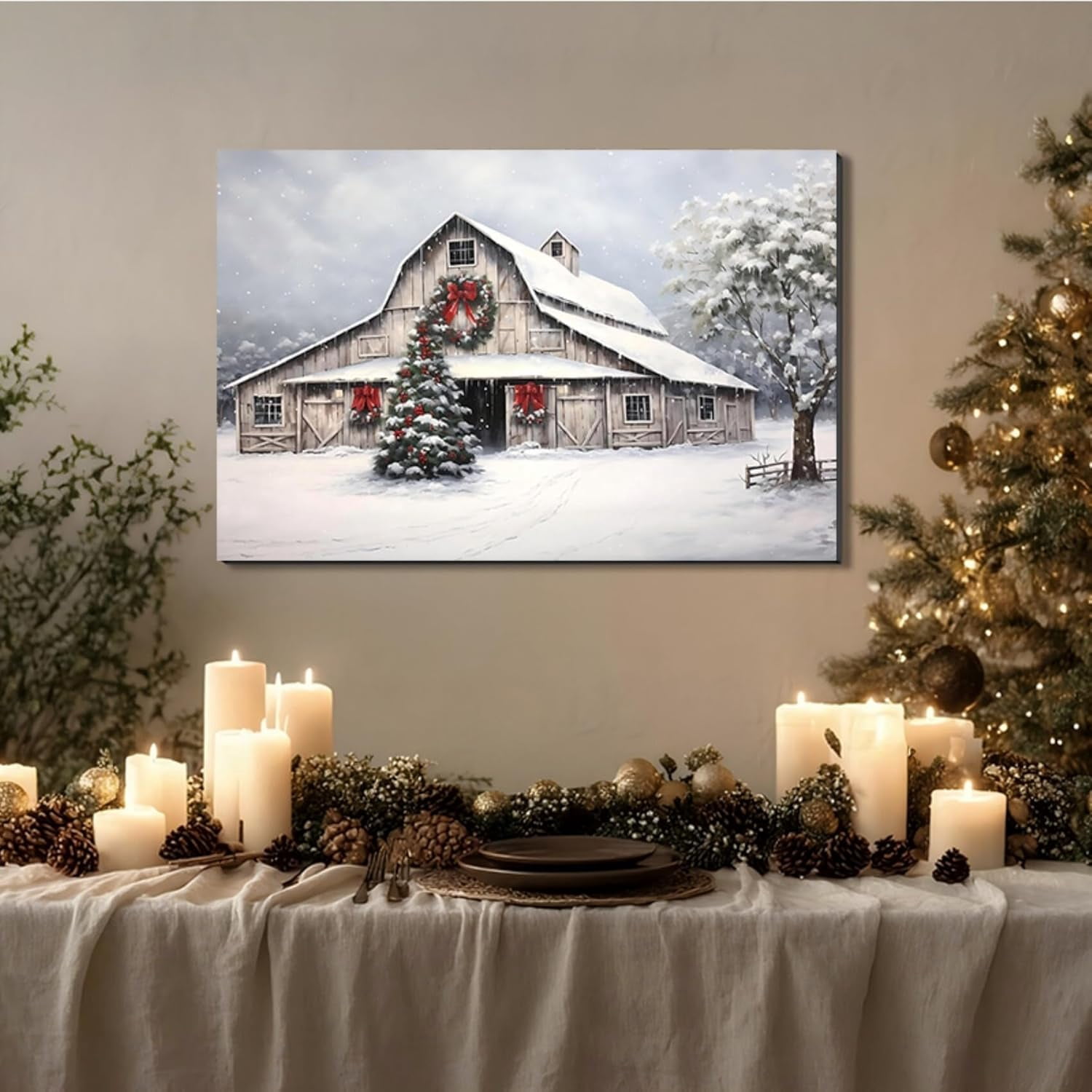 Framed Christmas Wall Art, Farmhouse Barn Pictures Wall Decor Winter snow Scene Canvas Painting Print Home Artwork Decorations for Bathroom Living Room Bedroom