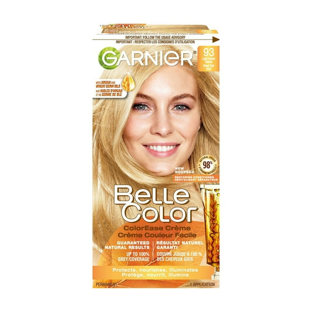 Garnier Belle Color Permanent Hair Dye, 93 Light Golden Blonde, 100% Grey Coverage, Enriched with Argan Oil and Wheat Germ Oils - 1 Application