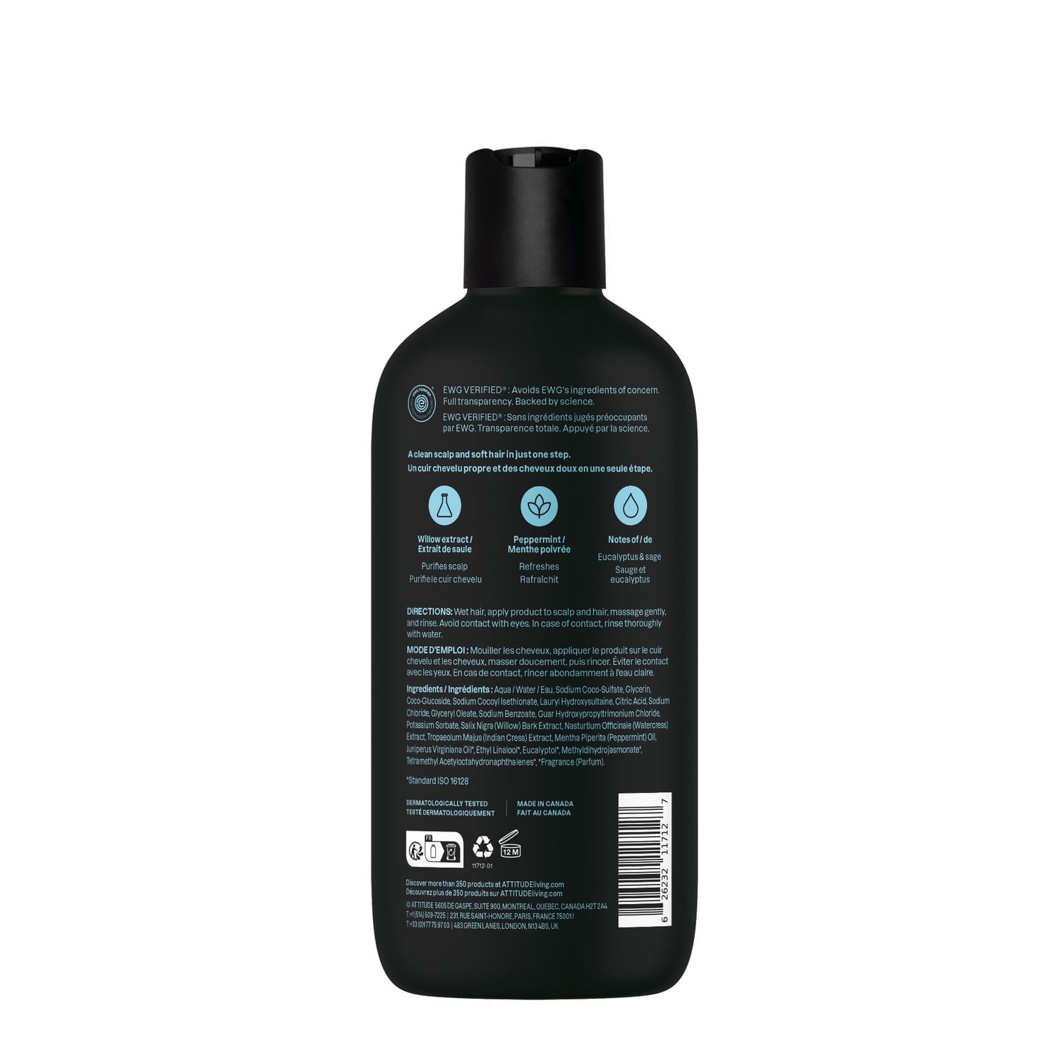 ATTITUDE super leaves, 2N1 Shampoing & Revitalisant Soin du Cuir Chevelu, Sauge & Eucalyptus 414 ml