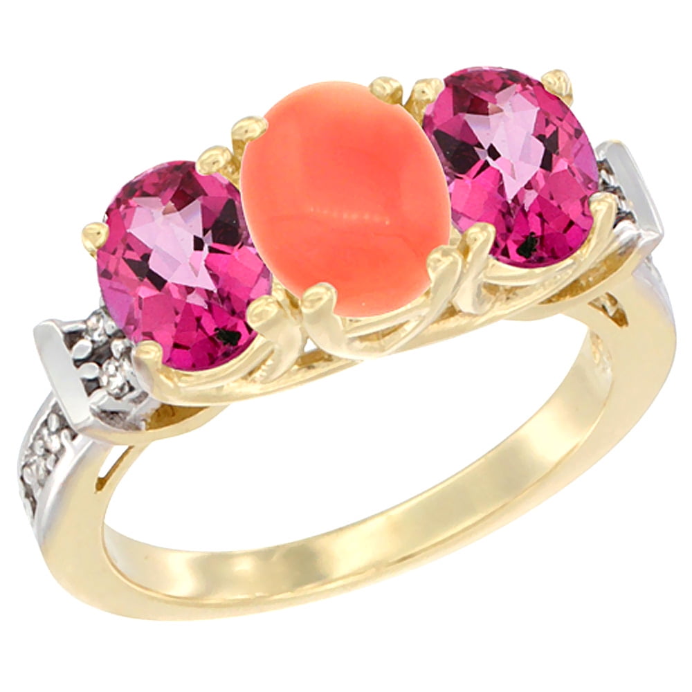 14K Yellow Gold Natural Coral & Pink Topaz Sides Ring 3-Stone Oval Diamond Accent, sizes 5 10 by WorldJewels
