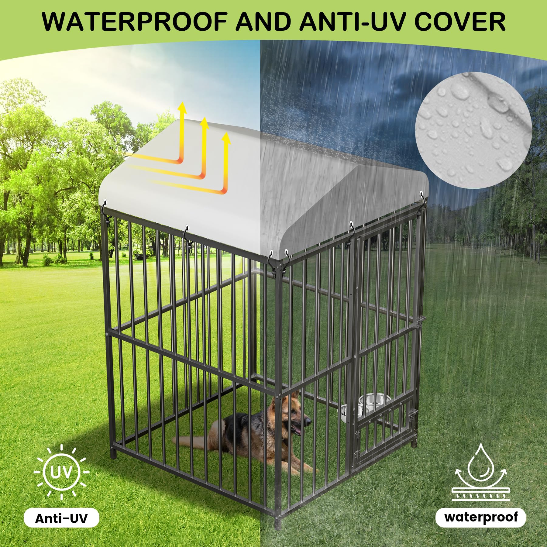 Large Dog Kennel Outdoor, Heavy Duty Outside Dog Kennel Pet Pens Dogs Run Enclosure with Anti-UV Waterproof Cover, Lockable Door for Medium to Small Dog