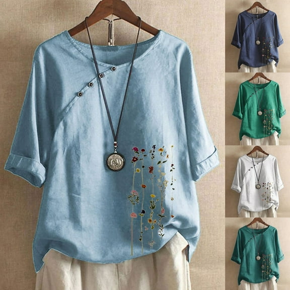 Plus Size Tops Women Dressy Laides Size Sleeve Pullover Short Loose Shirt Flower Plus Print Blouse Plus Size Summer Tops Women Army Green L