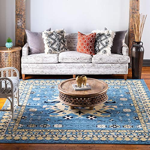 Unique Loom Taftan Collection Geometric Tribal Square Rug, 8 Feet, Light Blue/Gold