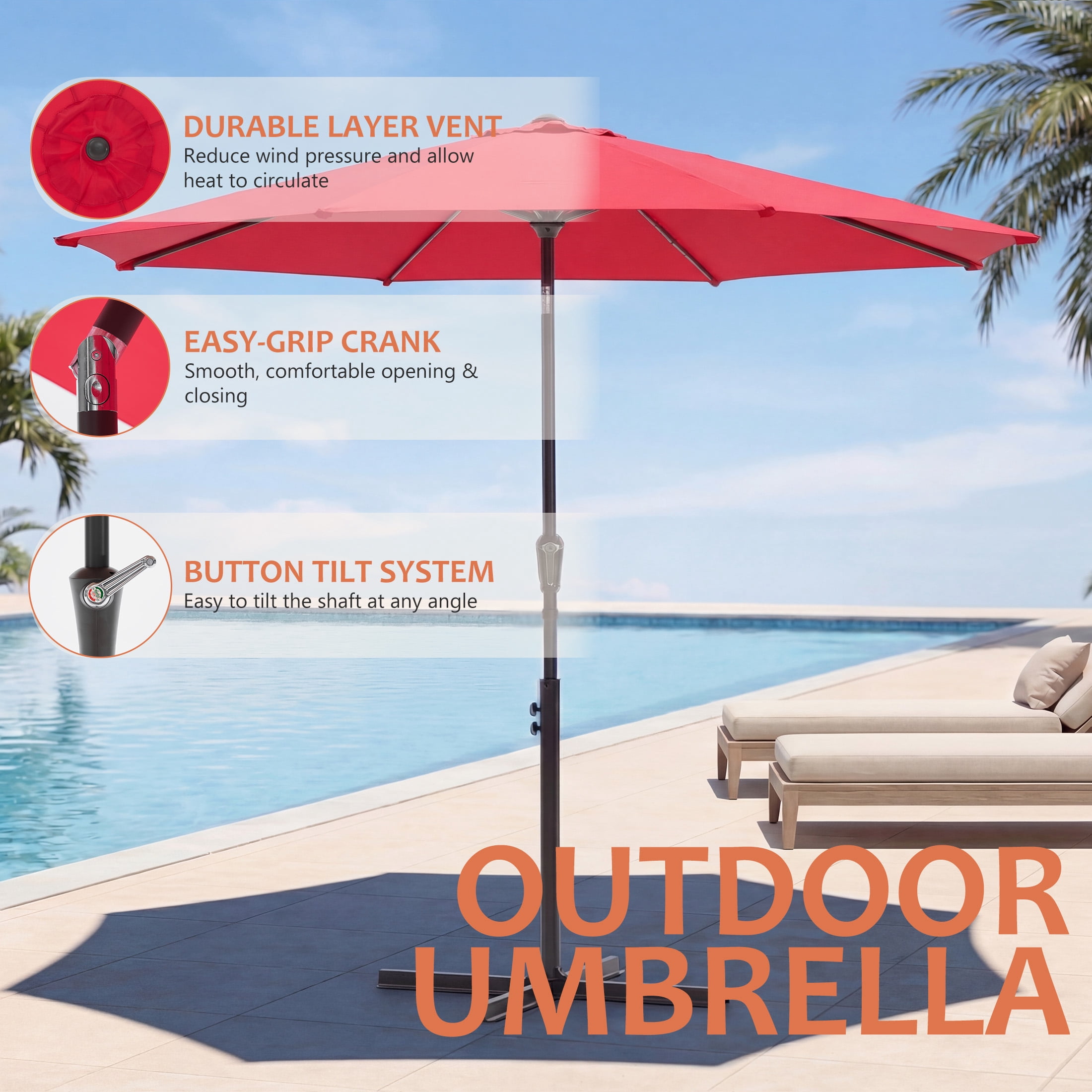 SHOUFTW 9 ft Patio Market Umbrella, Outdoor Table Umbrella with Crank Lift and Tilt, Round Sun Shade for Garden, Deck, Backyard, Poolside, Khaki, Red