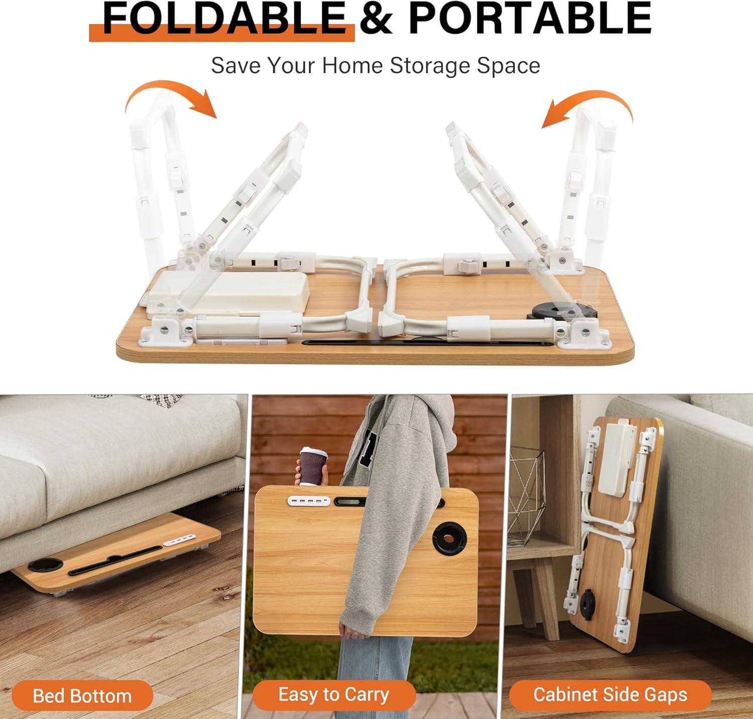 Laptop Bed Desk Height Adjustable, Bed Laptop Table with USB/Storage Drawer/Cup Holder/Tablet Stand/Book Shelf, Foldable Breakfast Tray Portable for Reading Writing, Bed, Sofa & Floor, Wood