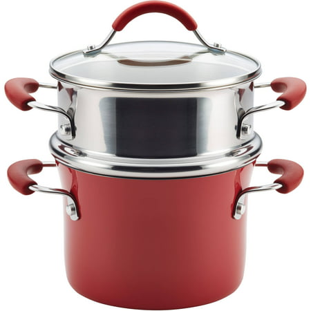 Rachael Ray Cucina Hard Porcelain Enamel Nonstick 3-Qt Covered Multi-Pot Set with (Red Saucepan Sets Best Price)